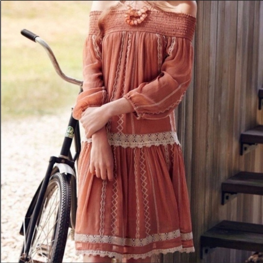 Anthropologie Off-Shoulder Lace Trim Mini Dress - Rust and Cream